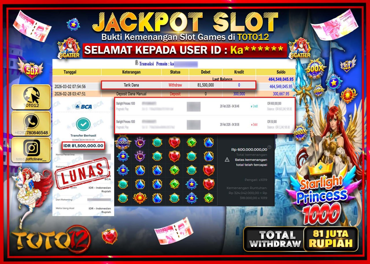 HANYA DI TOTO12 JP PASTI DI BAYAR LUNAS DAN CEPAT!!!!!! JACKPOT SLOT GAME (STARLIGHT PRINCESS 1000) Rp.81.500.000!!!!