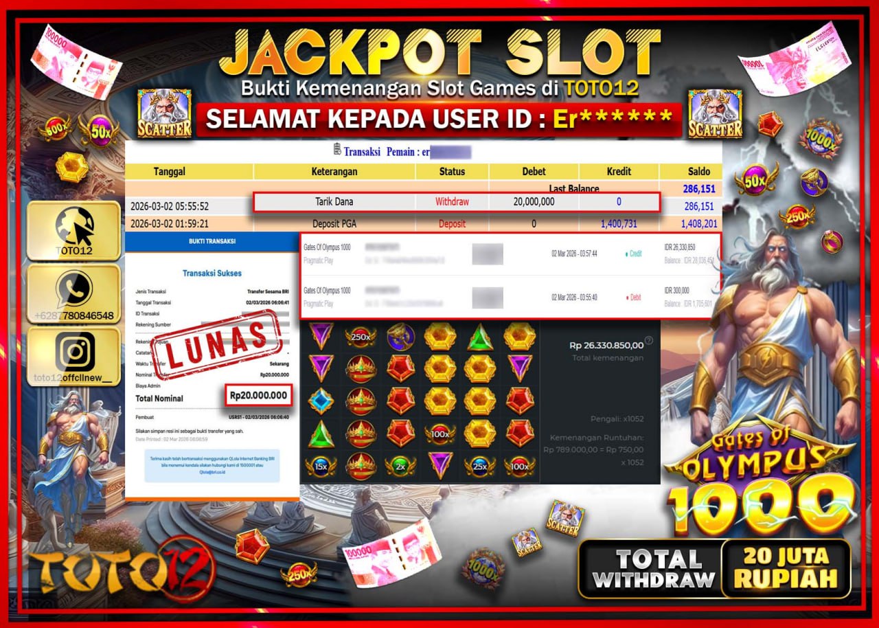 HANYA DI TOTO12 JP PASTI DI BAYAR LUNAS DAN CEPAT!!!!!! JACKPOT SLOT GAME (GATES OF OLYMPUS 1000) Rp.20.000.000!!!!