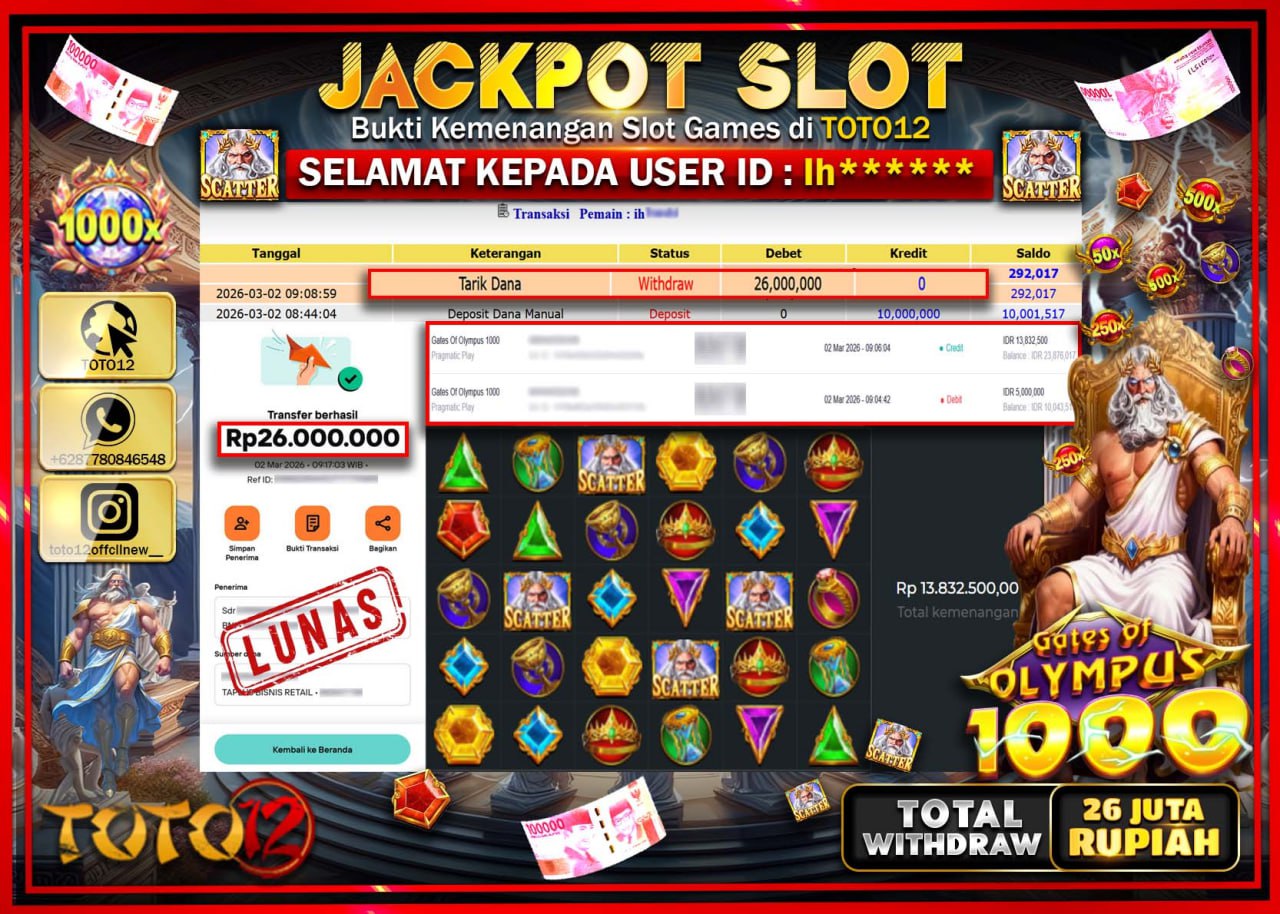 HANYA DI TOTO12 JP PASTI DI BAYAR LUNAS DAN CEPAT!!!!!! JACKPOT SLOT GAME (GATES OF OLYMPUS 1000) Rp.26.000.000!!!!