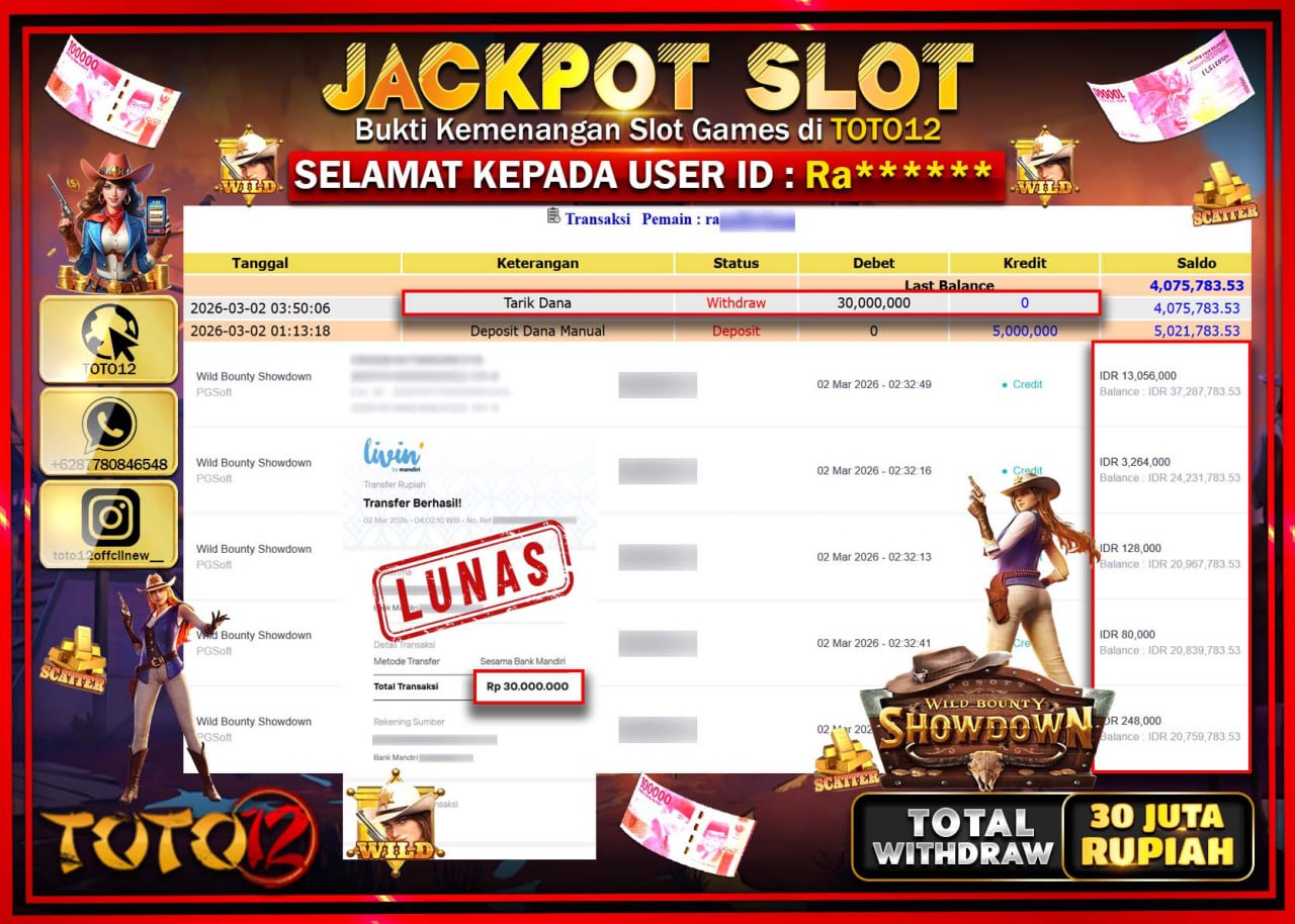 HANYA DI TOTO12 JP PASTI DI BAYAR LUNAS DAN CEPAT!!!!!! JACKPOT SLOT GAME (WILD BOUNTY SHOWDOWN) Rp.30.000.000!!!!