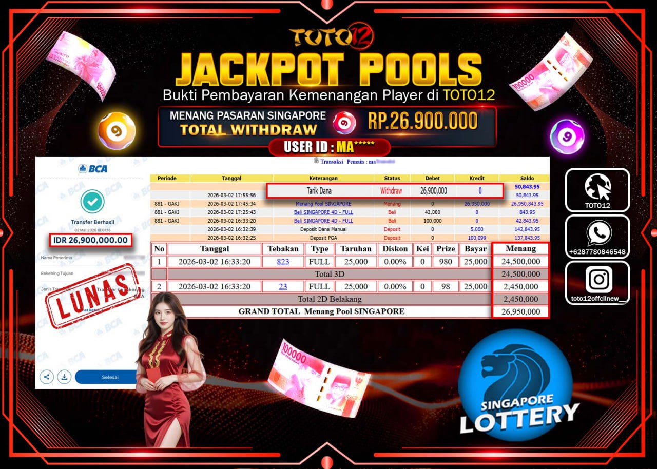 HANYA DI TOTO12 JP PASTI DI BAYAR LUNAS DAN CEPAT!!!!!! JACKPOT POOLS PASARAN (SINGAPORE) Rp.26.900.000!!!!