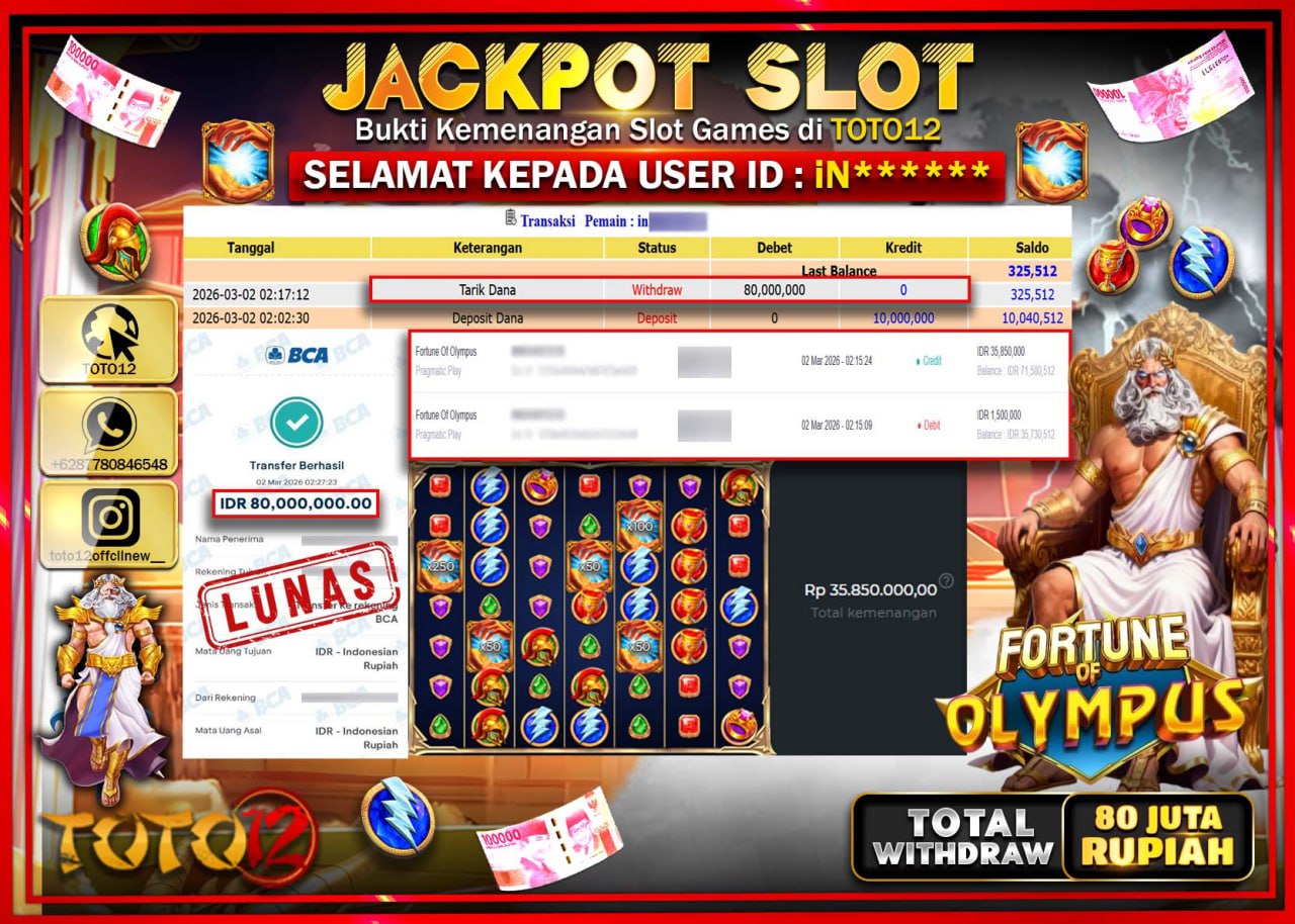 HANYA DI TOTO12 JP PASTI DI BAYAR LUNAS DAN CEPAT!!!!!! JACKPOT SLOT GAME (FORTUNE OF OLYMPUS) Rp.80.000.000!!!!