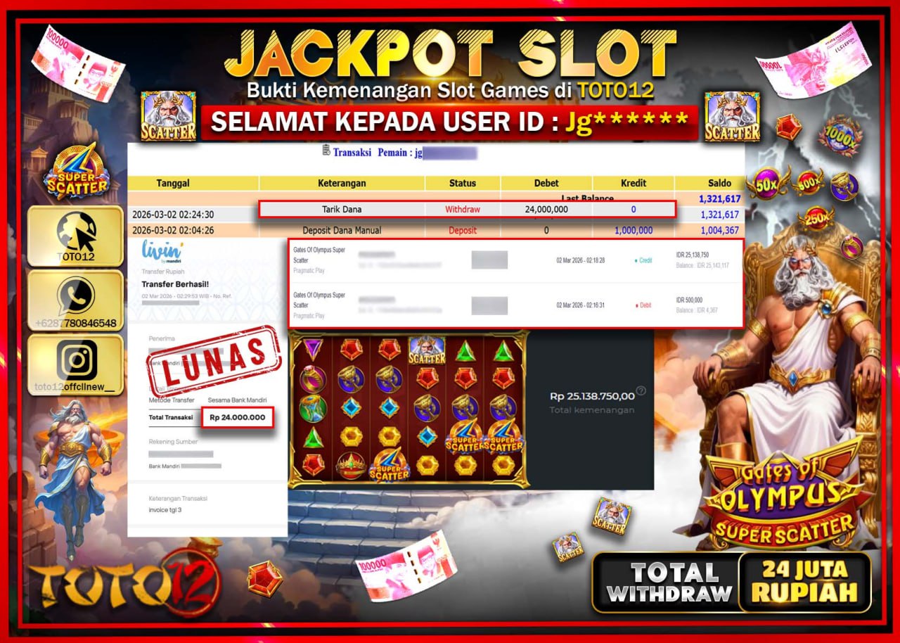 HANYA DI TOTO12 JP PASTI DI BAYAR LUNAS DAN CEPAT!!!!!! JACKPOT SLOT GAME (GATES OF OLYMPUS SUPER SCATTER) Rp.24.000.000!!!!