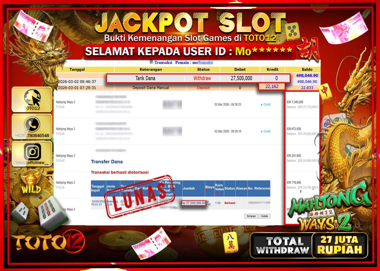 HANYA DI TOTO12 JP PASTI DI BAYAR LUNAS DAN CEPAT!!!!!! JACKPOT SLOT GAME (MAHJONG WAYS 2) Rp.27.500.000!!!!