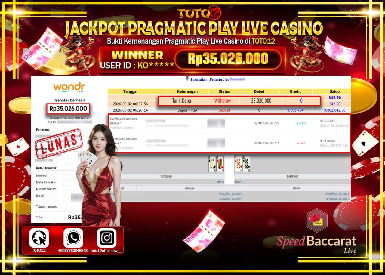 HANYA DI TOTO12 JP PASTI DI BAYAR LUNAS DAN CEPAT!!!!!! JACKPOT PRAGMATIC PLAY LIVE GAME CASINO (LIVE MANIA KOREAN SPEED BACCARAT 1) Rp.35.026.000!!!!