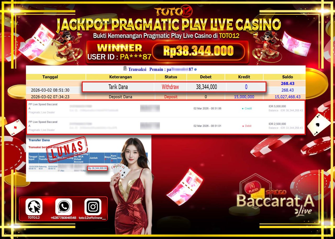 HANYA DI TOTO12 JP PASTI DI BAYAR LUNAS DAN CEPAT!!!!!! JACKPOT PRAGMATIC PLAY LIVE GAME CASINO (PP LIVE SPEED BACCARAT A) Rp.38.344.000!!!!