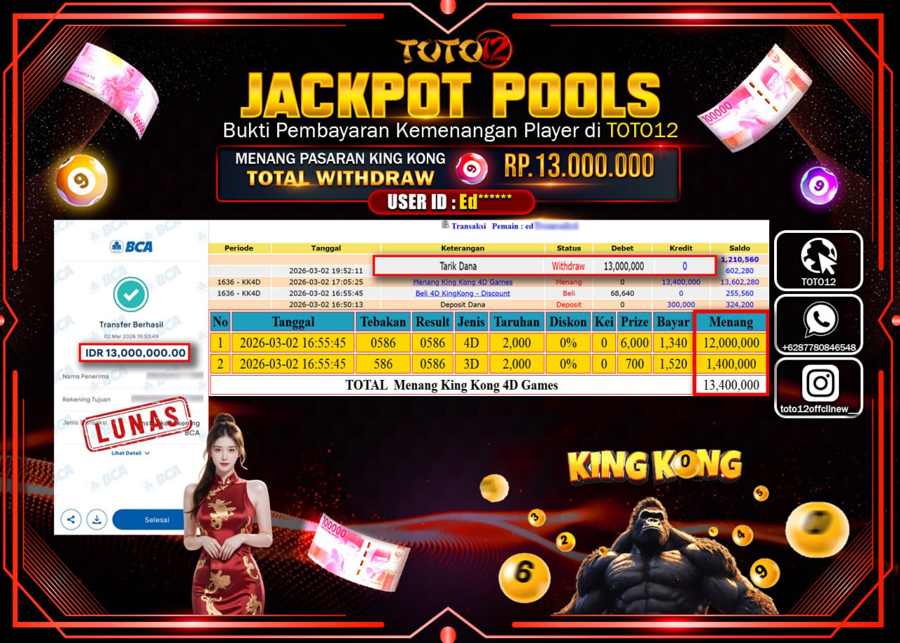 HANYA DI TOTO12 JP PASTI DI BAYAR LUNAS DAN CEPAT!!!!!! JACKPOT POOLS PASARAN (KINGKONG 4D) Rp.13.000.000!!!!