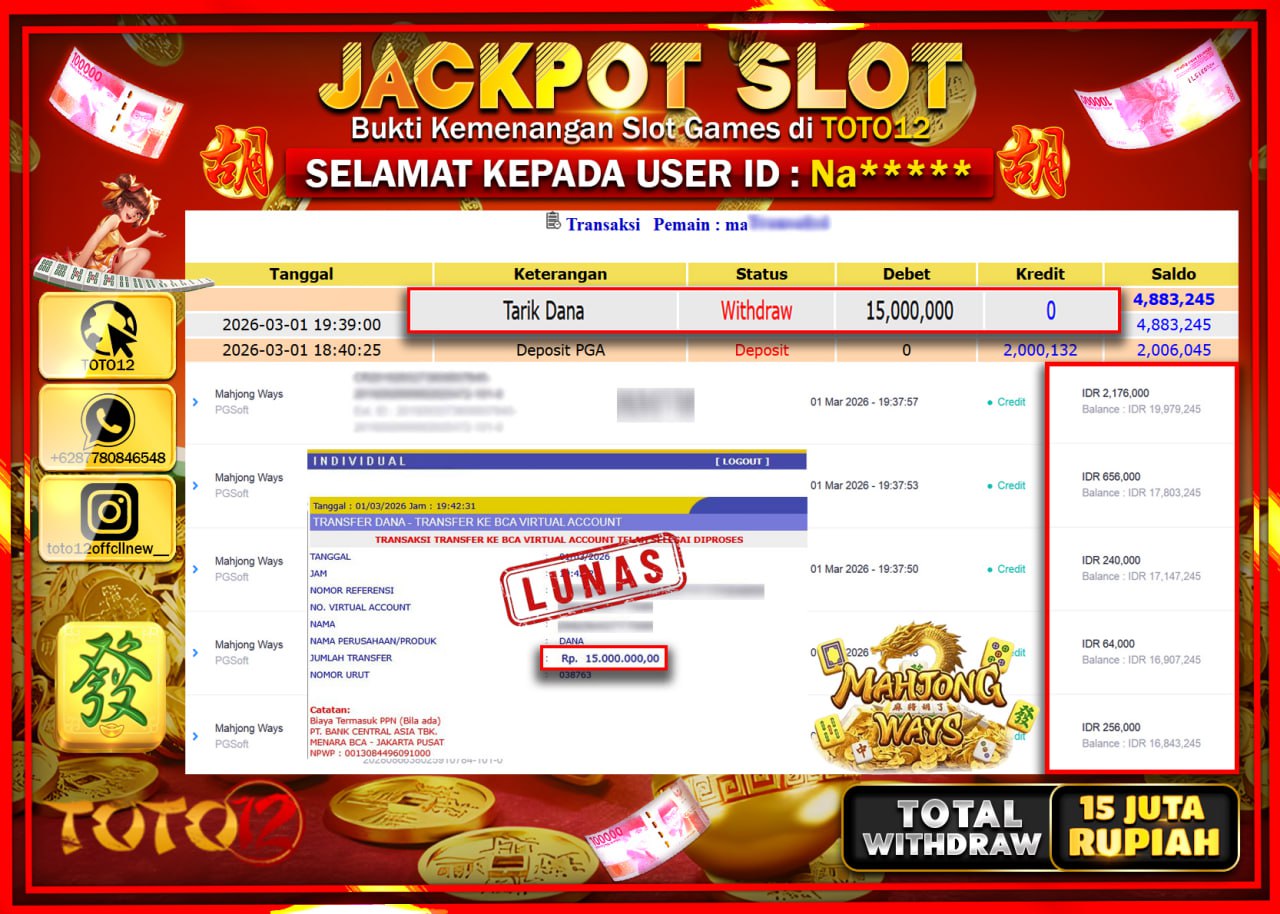 HANYA DI TOTO12 JP PASTI DI BAYAR LUNAS DAN CEPAT!!!!!! JACKPOT SLOT GAME (MAHJONG WAYS) Rp.15.000.000!!!!
