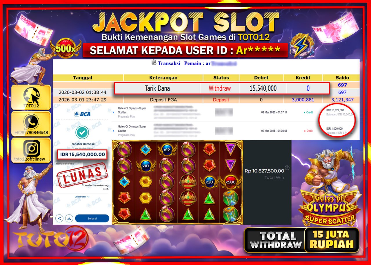 HANYA DI TOTO12 JP PASTI DI BAYAR LUNAS DAN CEPAT!!!!!! JACKPOT SLOT GAME (GATES OF OLYMPUS SUPER SCATTER) Rp.15.540.000!!!!