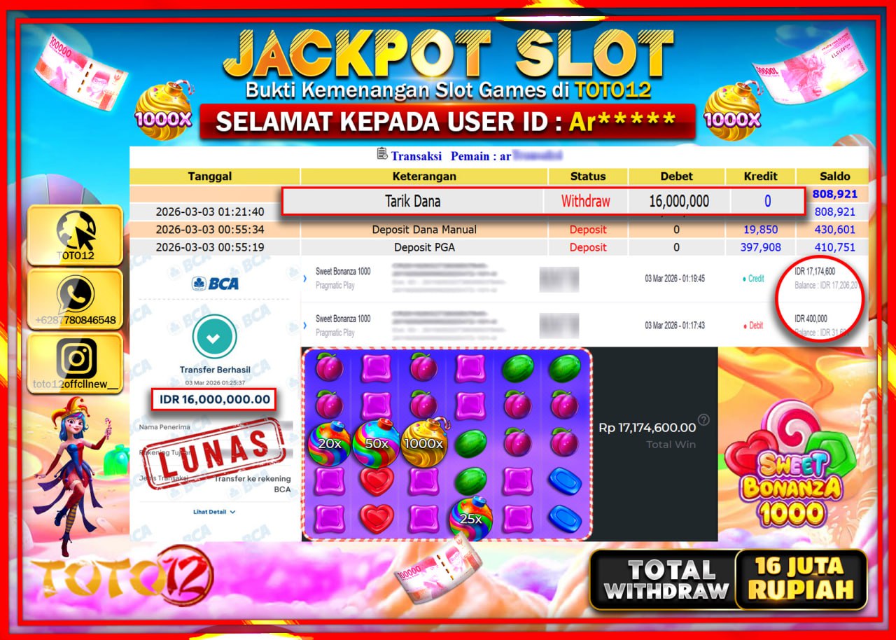 HANYA DI TOTO12 JP PASTI DI BAYAR LUNAS DAN CEPAT!!!!!! JACKPOT SLOT GAME (SWEET BONANZA 1000) Rp.16.000.000!!!!