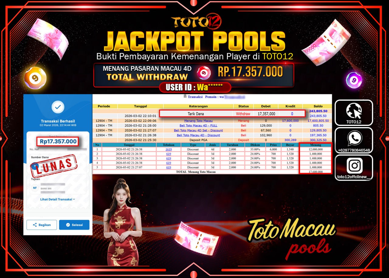 HANYA DI TOTO12 JP PASTI DI BAYAR LUNAS DAN CEPAT!!!!!! JACKPOT POOLS PASARAN (TOTO MACAU 4D) Rp.17.357.000!!!!