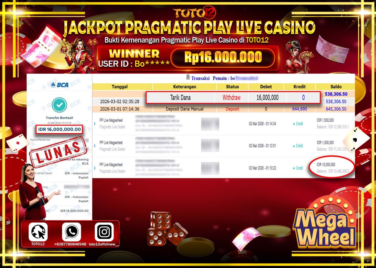 HANYA DI TOTO12 JP PASTI DI BAYAR LUNAS DAN CEPAT!!!!!! JACKPOT PRAGMATIC PLAY LIVE GAME CASINO (PP LIVE MEGAWHEEL) Rp.16.000.000!!!!