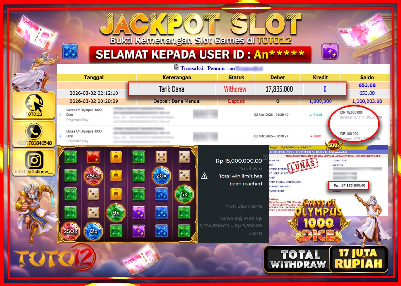 HANYA DI TOTO12 JP PASTI DI BAYAR LUNAS DAN CEPAT!!!!!! JACKPOT SLOT GAME (GATES OF OLYMPUS 1000 DICE) Rp.17.835.000!!!!