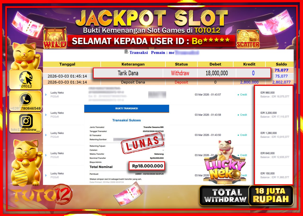 HANYA DI TOTO12 JP PASTI DI BAYAR LUNAS DAN CEPAT!!!!!! JACKPOT SLOT GAME (LUCK NEKO) Rp.18.000.000!!!!