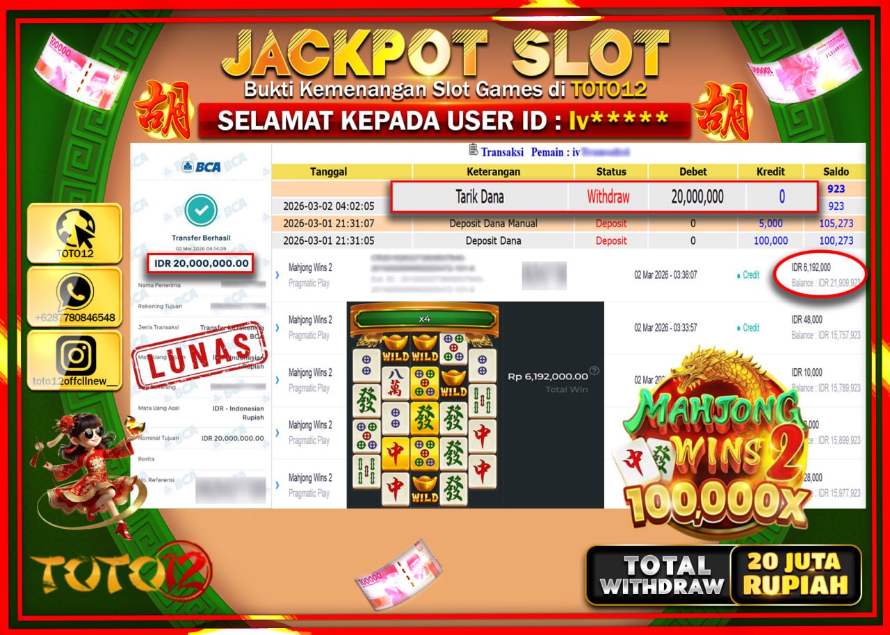 HANYA DI TOTO12 JP PASTI DI BAYAR LUNAS DAN CEPAT!!!!!! JACKPOT SLOT GAME (MAHJONG WINS 2) Rp.20.000.000!!!!