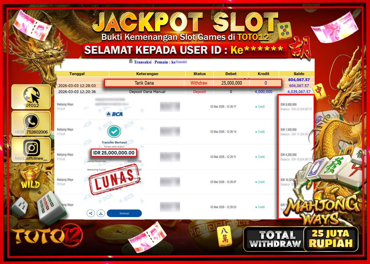 HANYA DI TOTO12 JP PASTI DI BAYAR LUNAS DAN CEPAT!!!!!! JACKPOT SLOT GAME (MAHJONG WAYS) Rp.25.000.000!!!!