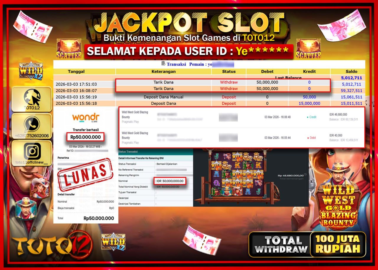 HANYA DI TOTO12 JP PASTI DI BAYAR LUNAS DAN CEPAT!!!!!! JACKPOT SLOT GAME (WILD WEST GOLD BLAZING BOUNTY) Rp.100.000.000!!!!
