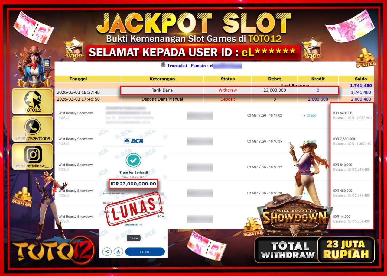 HANYA DI TOTO12 JP PASTI DI BAYAR LUNAS DAN CEPAT!!!!!! JACKPOT SLOT GAME (WILD BOUNTY SHOWDOWN) Rp.23.000.000!!!!