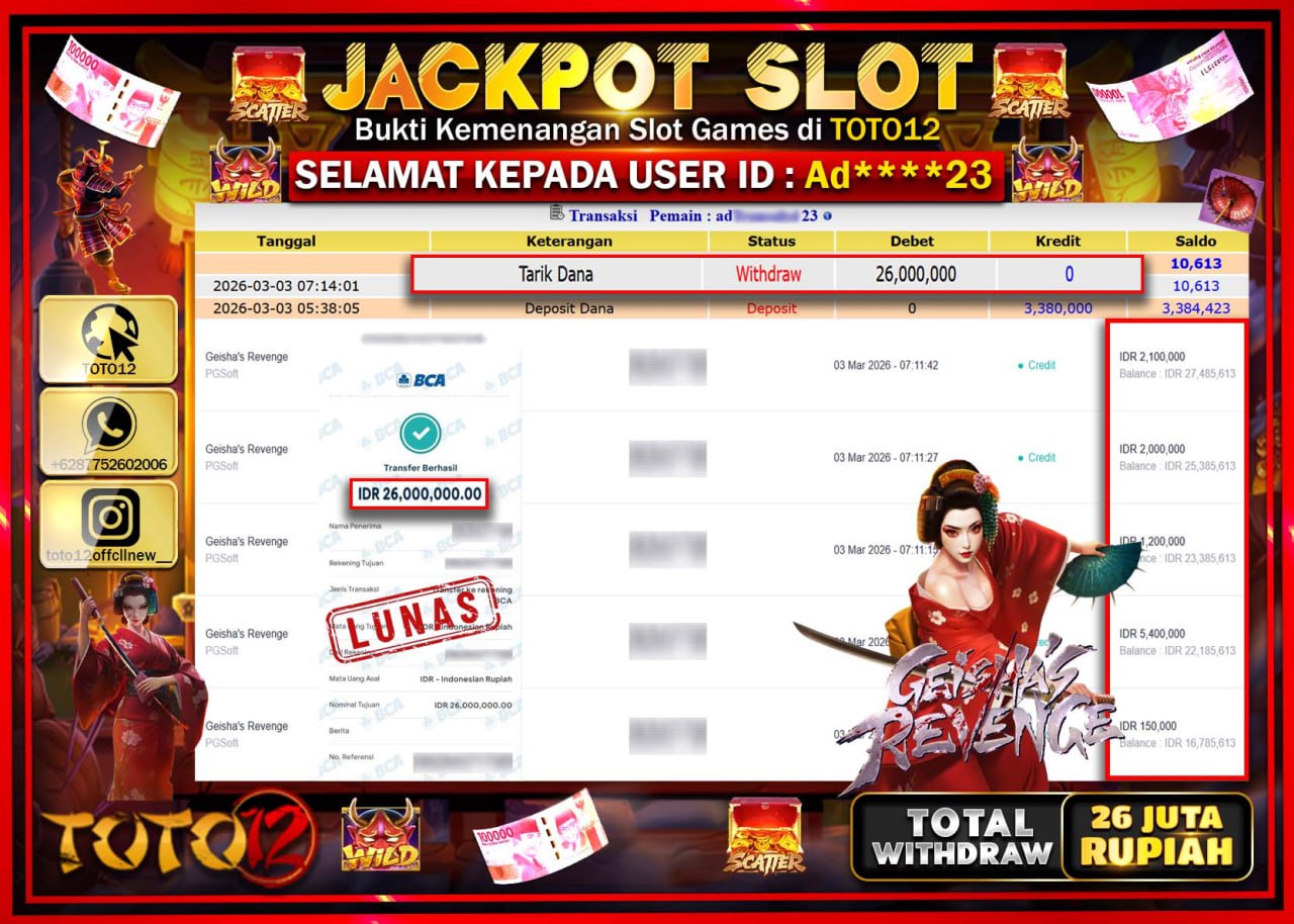 HANYA DI TOTO12 JP PASTI DI BAYAR LUNAS DAN CEPAT!!!!!! JACKPOT SLOT GAME (GEISHA REVENGE) Rp.26.000.000!!!!