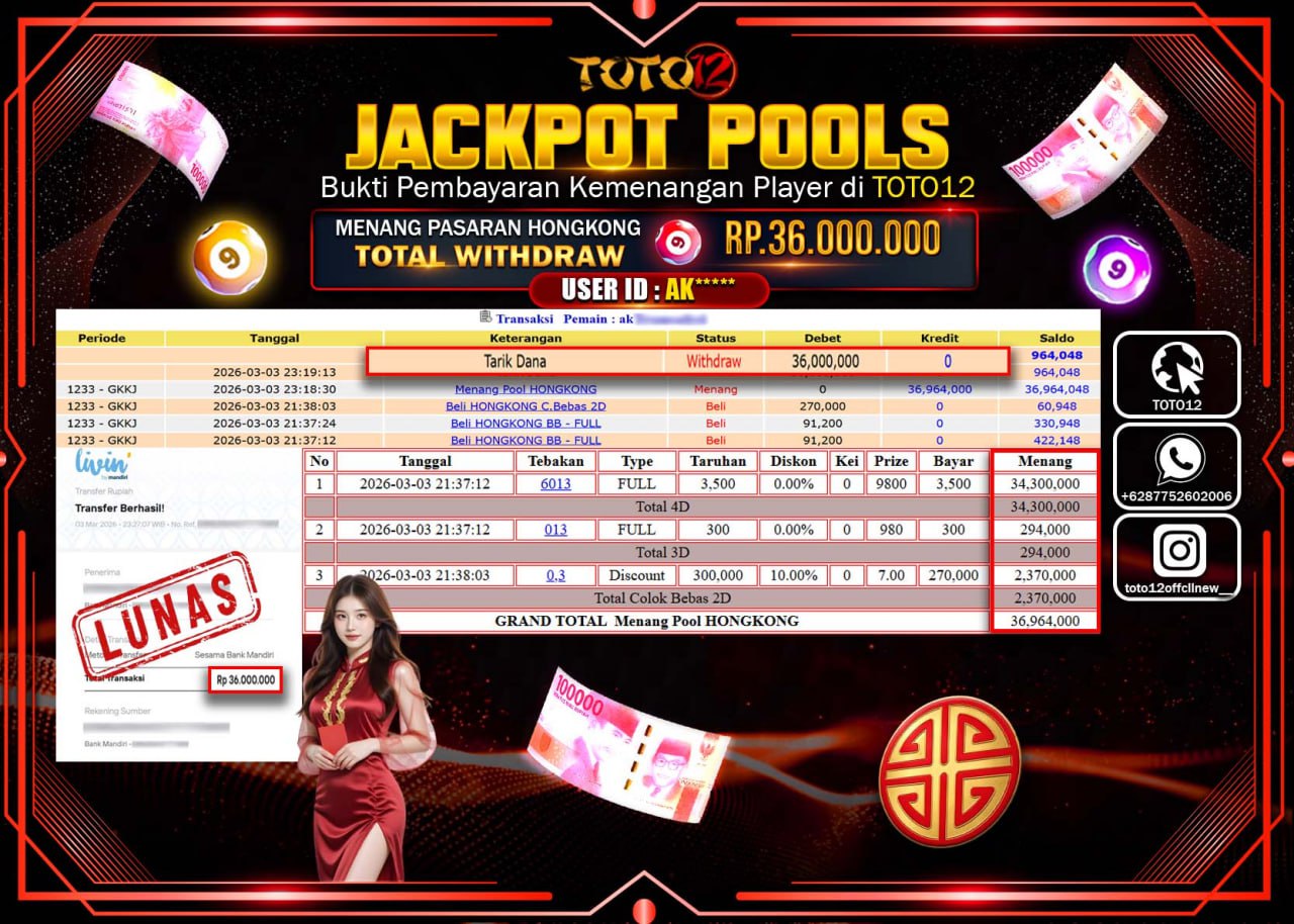 HANYA DI TOTO12 JP PASTI DI BAYAR LUNAS DAN CEPAT!!!!!! JACKPOT POOLS PASARAN (HONGKONG) Rp.36.000.000!!!!
