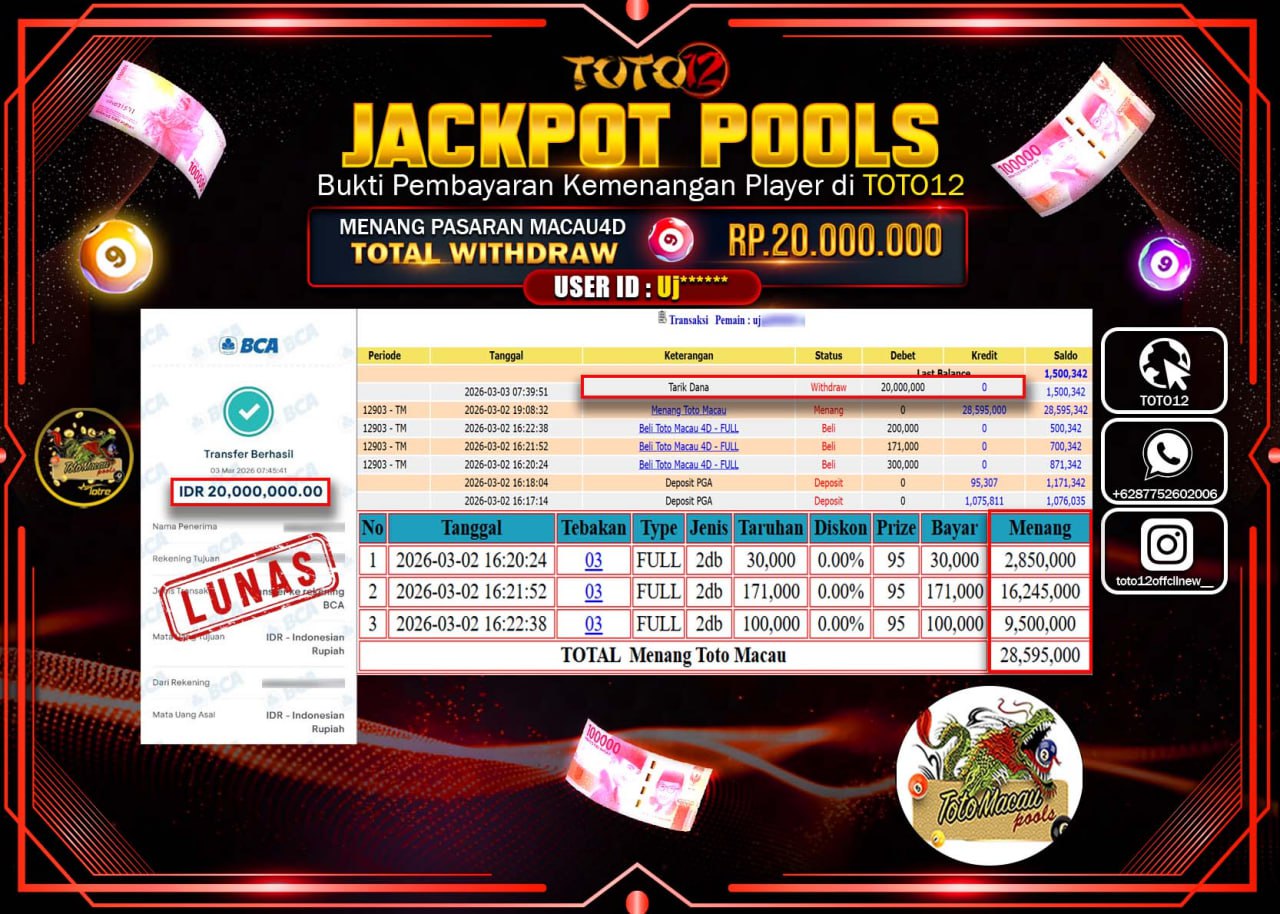 HANYA DI TOTO12 JP PASTI DI BAYAR LUNAS DAN CEPAT!!!!!! JACKPOT POOLS PASARAN (TOTOMACAU 4D) Rp.20.000.000!!!!