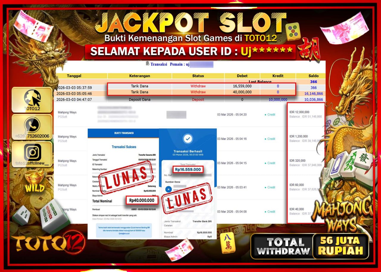 HANYA DI TOTO12 JP PASTI DI BAYAR LUNAS DAN CEPAT!!!!!! JACKPOT SLOT GAME (MAHJONG WAYS) Rp.56.559.000!!!!
