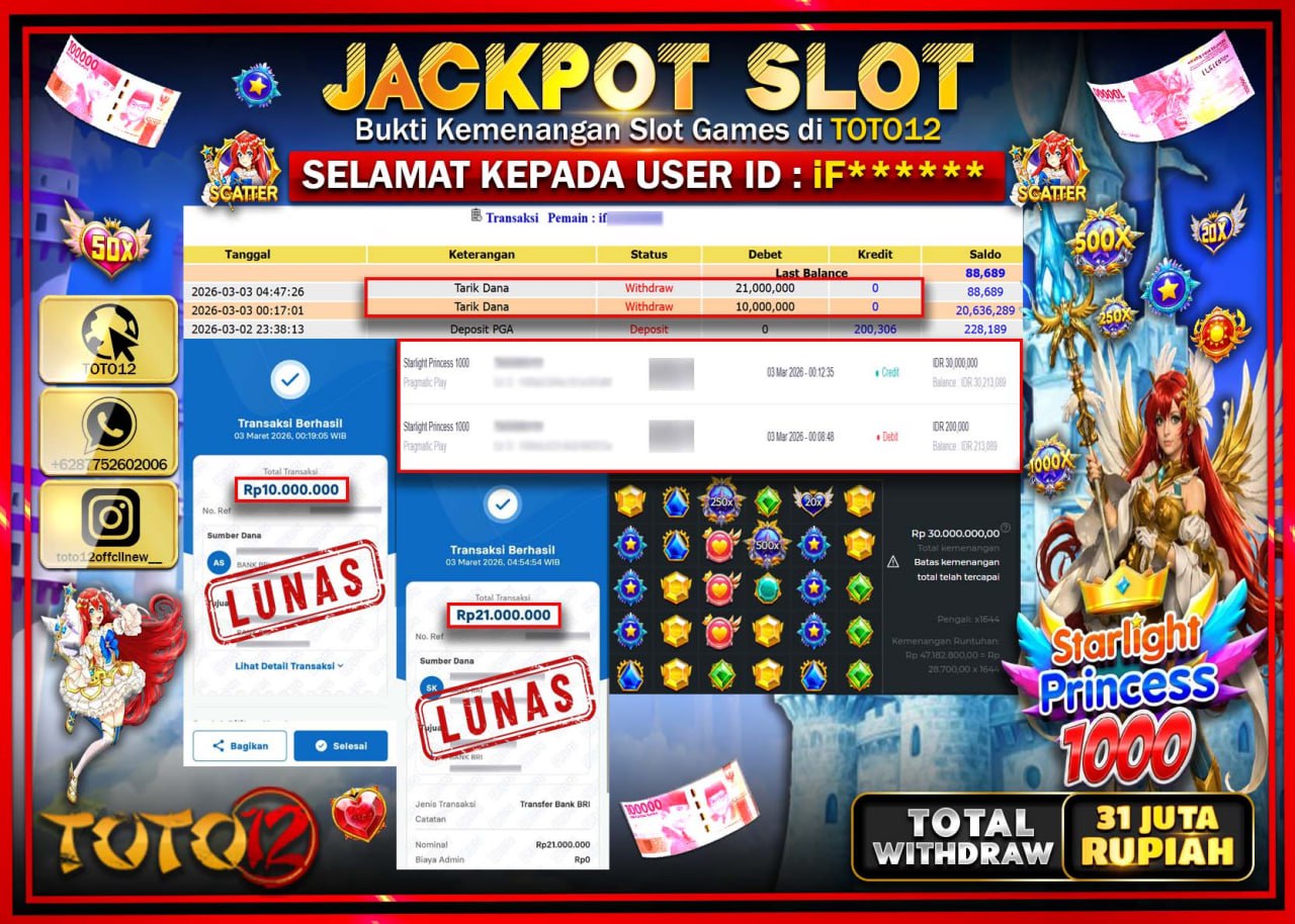 HANYA DI TOTO12 JP PASTI DI BAYAR LUNAS DAN CEPAT!!!!!! JACKPOT SLOT GAME (STARLIGHT PRINCESS 1000) Rp.31.000.000!!!!