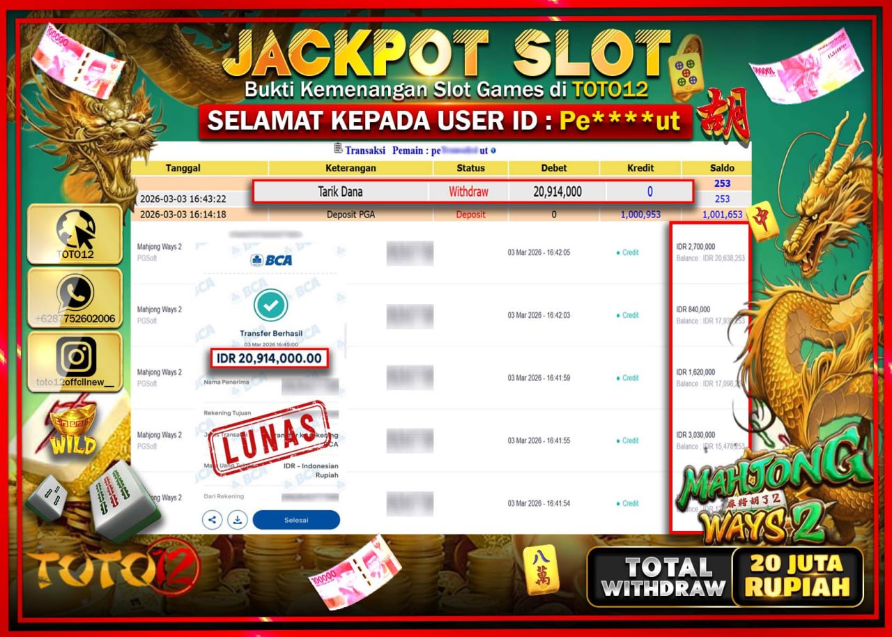 HANYA DI TOTO12 JP PASTI DI BAYAR LUNAS DAN CEPAT!!!!!! JACKPOT SLOT GAME (MAHJONG WAYS) Rp.20.914.000!!!!