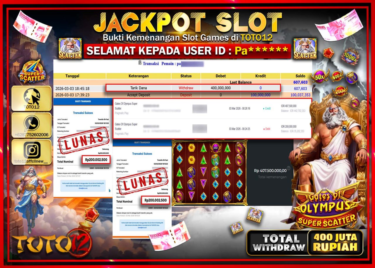 HANYA DI TOTO12 JP PASTI DI BAYAR LUNAS DAN CEPAT!!!!!! JACKPOT SLOT GAME (GATES OF OLYMPUS SUPER SCATTER) Rp.400.000.000!!!!