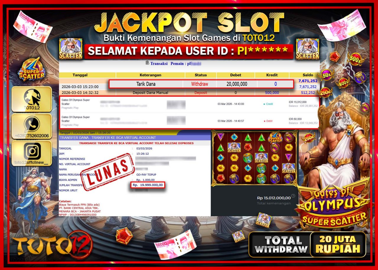 HANYA DI TOTO12 JP PASTI DI BAYAR LUNAS DAN CEPAT!!!!!! JACKPOT SLOT GAME (GATES OF OLYMPUS SUPER SCATTER) Rp.20.000.000!!!!