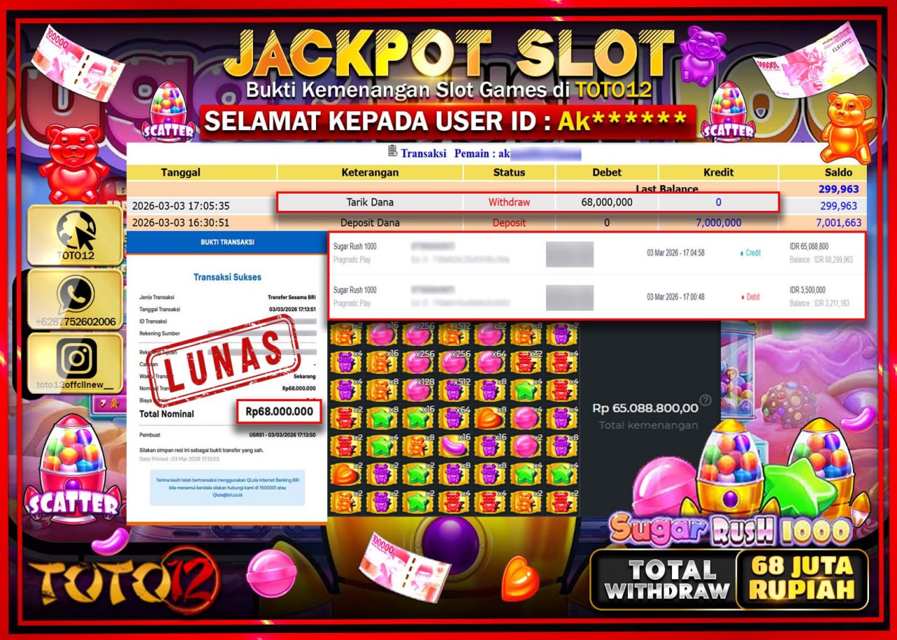HANYA DI TOTO12 JP PASTI DI BAYAR LUNAS DAN CEPAT!!!!!! JACKPOT SLOT GAME (SUGAR RUSH 1000) Rp.68.000.000!!!!