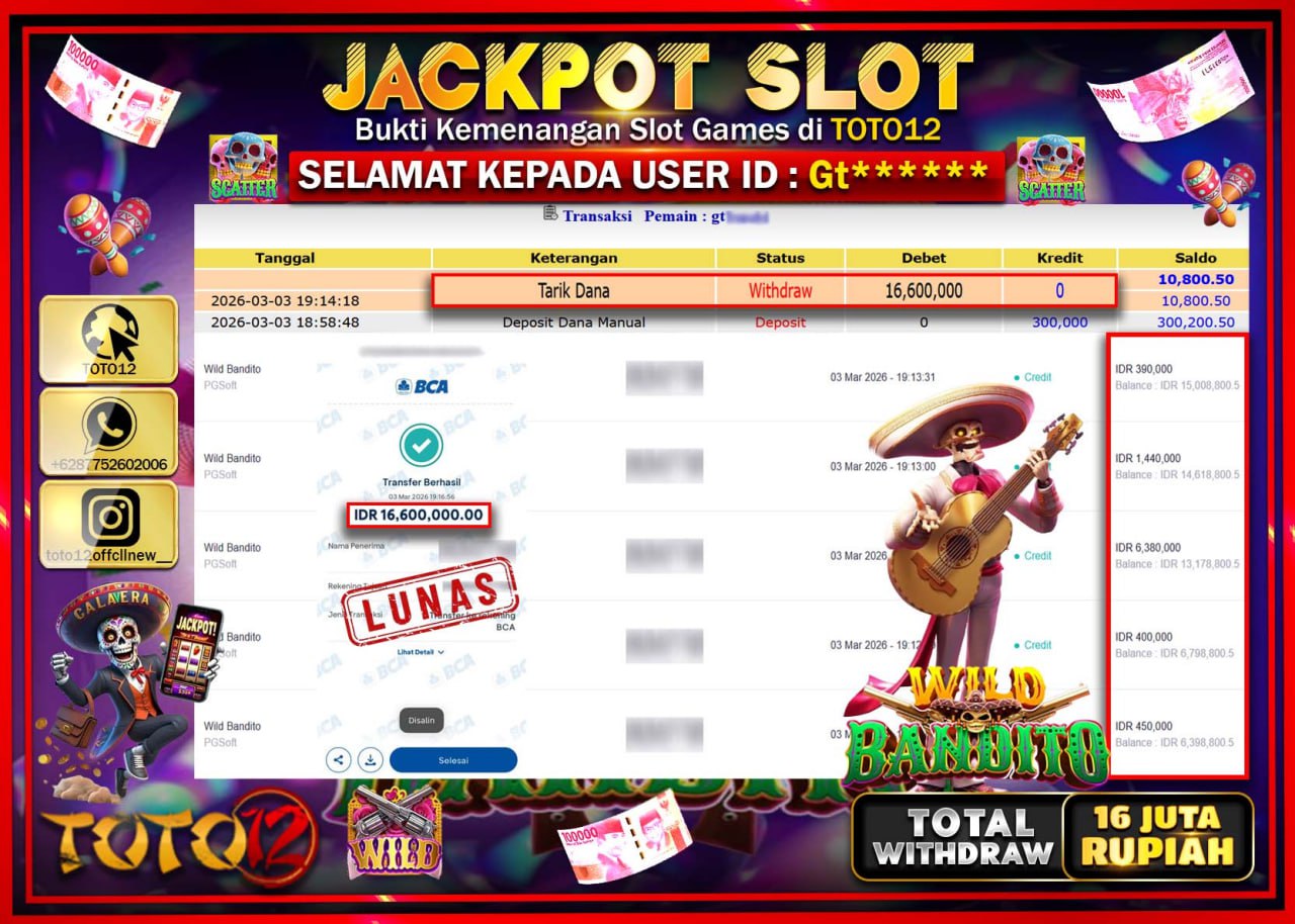 HANYA DI TOTO12 JP PASTI DI BAYAR LUNAS DAN CEPAT!!!!!! JACKPOT SLOT GAME (WILD BANDITO) Rp.16.600.000!!!!