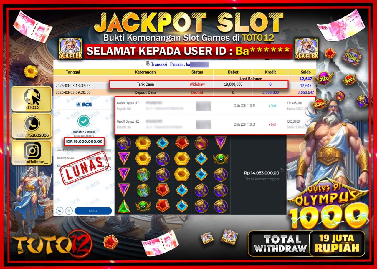 HANYA DI TOTO12 JP PASTI DI BAYAR LUNAS DAN CEPAT!!!!!! JACKPOT SLOT GAME (GATES OF OLYMPUS 1000) Rp.19.000.000!!!!