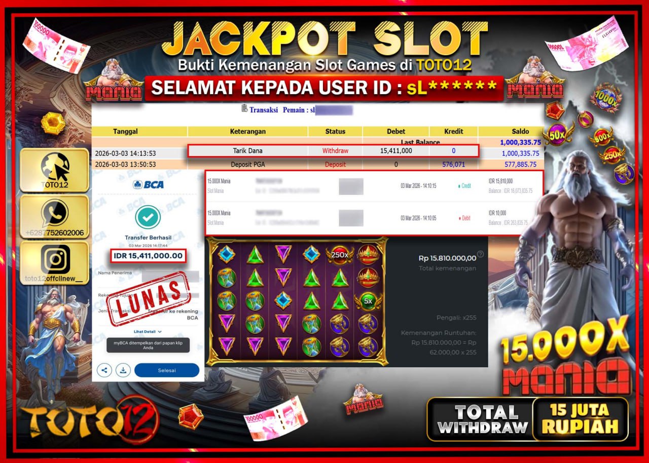 HANYA DI TOTO12 JP PASTI DI BAYAR LUNAS DAN CEPAT!!!!!! JACKPOT SLOT GAME (15.000X MANIA) Rp.15.411.000!!!!