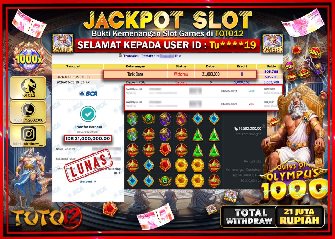 HANYA DI TOTO12 JP PASTI DI BAYAR LUNAS DAN CEPAT!!!!!! JACKPOT SLOT GAME (GATES OF OLYMPUS 1000) Rp.21.000.000!!!!