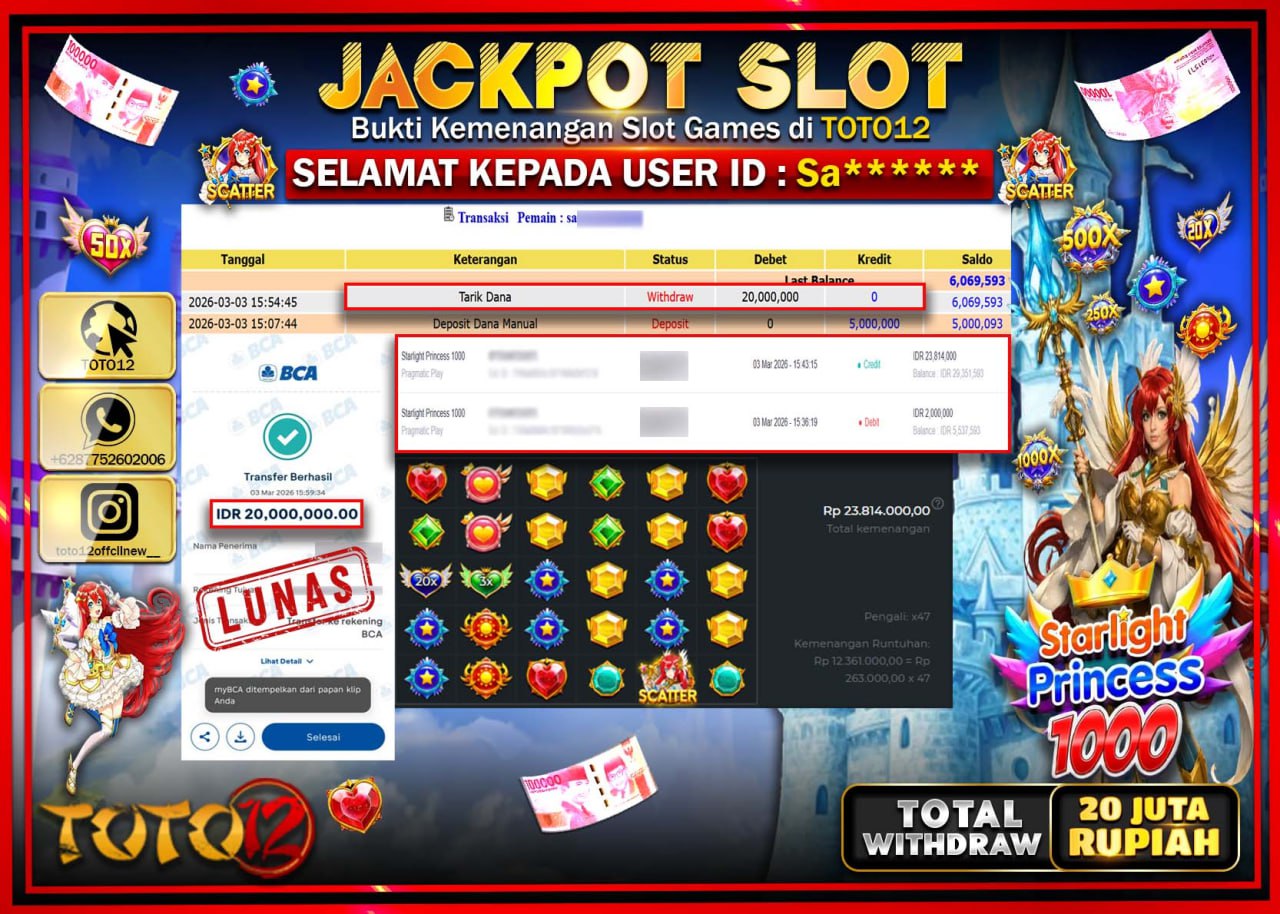 HANYA DI TOTO12 JP PASTI DI BAYAR LUNAS DAN CEPAT!!!!!! JACKPOT SLOT GAME (STARLIGHT PRINCESS 1000) Rp.20.000.000!!!!