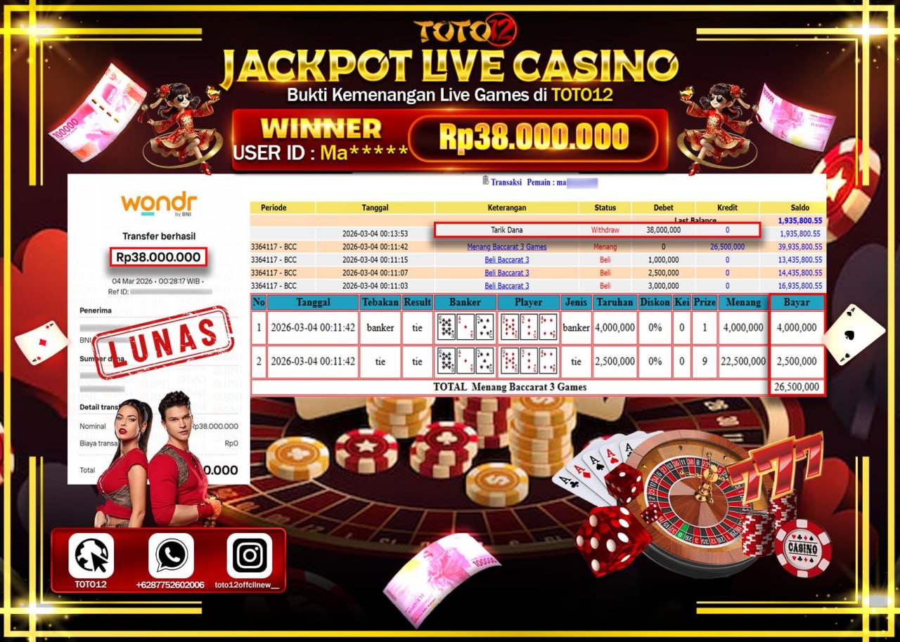 HANYA DI TOTO12 JP PASTI DI BAYAR LUNAS DAN CEPAT!!!!!! JACKPOT LIVE GAMES CASINO (BACCARAT 3) Rp.38.000.000!!!!
