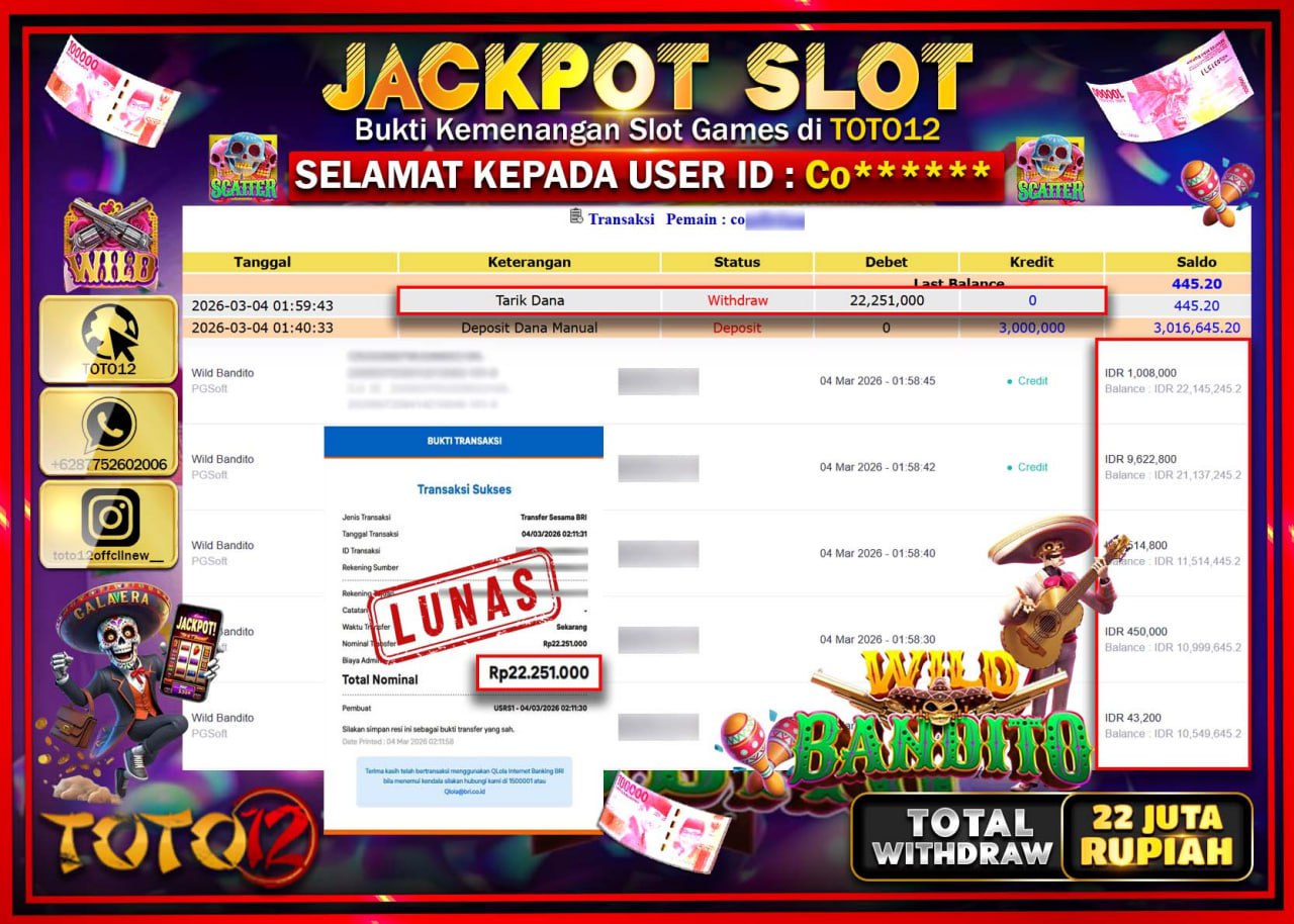 HANYA DI TOTO12 JP PASTI DI BAYAR LUNAS DAN CEPAT!!!!!! JACKPOT SLOT GAME (WILD BANDITO) Rp.22.251.000!!!!