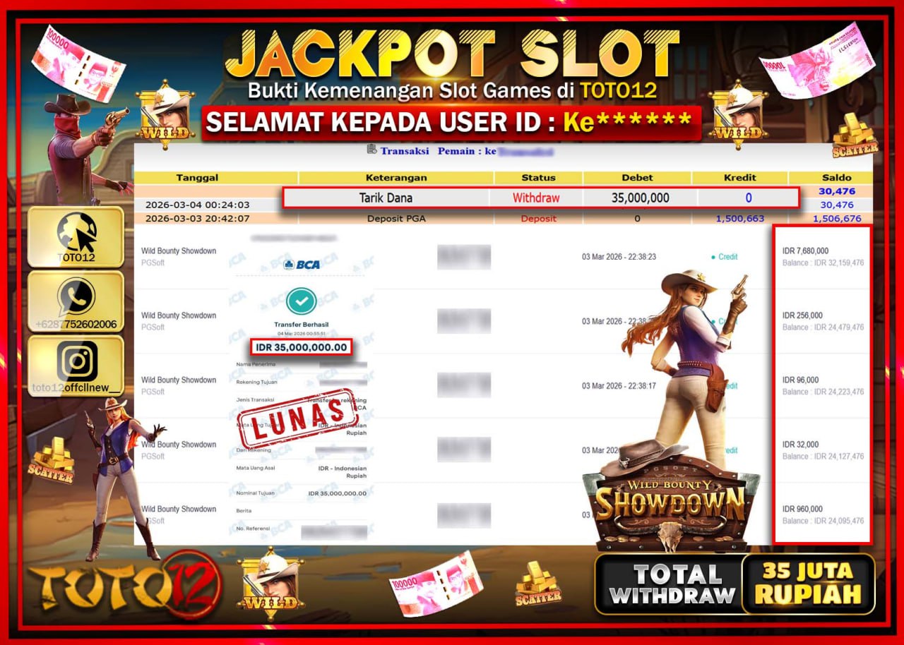 HANYA DI TOTO12 JP PASTI DI BAYAR LUNAS DAN CEPAT!!!!!! JACKPOT SLOT GAME (WILD BOUNTY SHOWDOWN) Rp.35.000.000!!!!