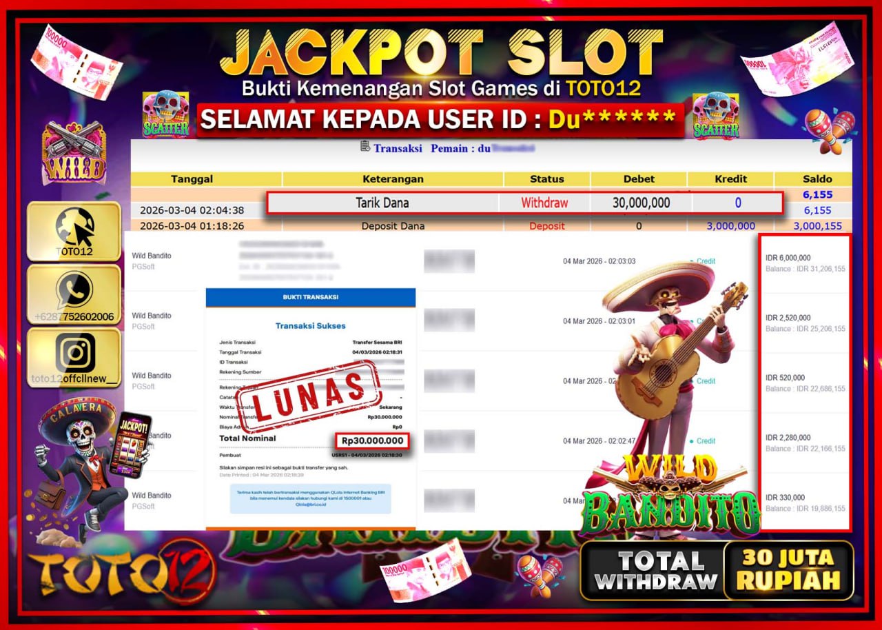 HANYA DI TOTO12 JP PASTI DI BAYAR LUNAS DAN CEPAT!!!!!! JACKPOT SLOT GAME (WILD BANDITO) Rp.30.000.000!!!!