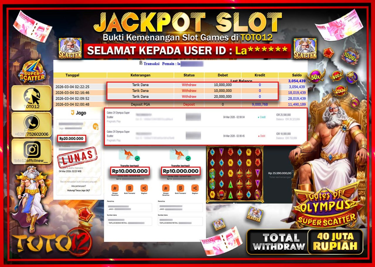 HANYA DI TOTO12 JP PASTI DI BAYAR LUNAS DAN CEPAT!!!!!! JACKPOT SLOT GAME (GATES OF OLYMPUS SUPER SCATTER) Rp.40.000.000!!!!
