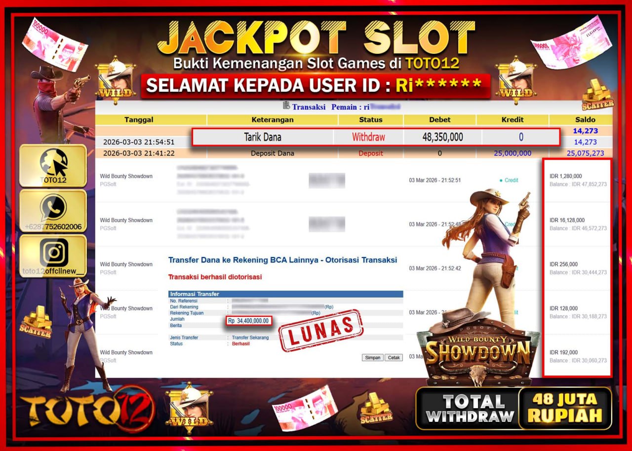 HANYA DI TOTO12 JP PASTI DI BAYAR LUNAS DAN CEPAT!!!!!! JACKPOT SLOT GAME (WILD BOUNTY SHOWDOWN) Rp.48.350.000!!!!