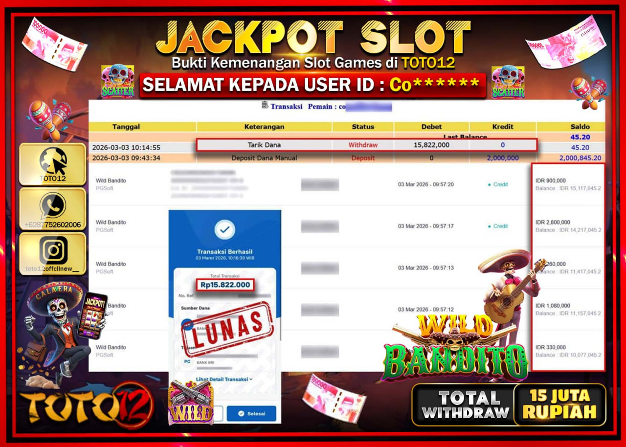 HANYA DI TOTO12 JP PASTI DI BAYAR LUNAS DAN CEPAT!!!!!! JACKPOT SLOT GAME (WILD BANDITO ) Rp.15.822.000!!!!