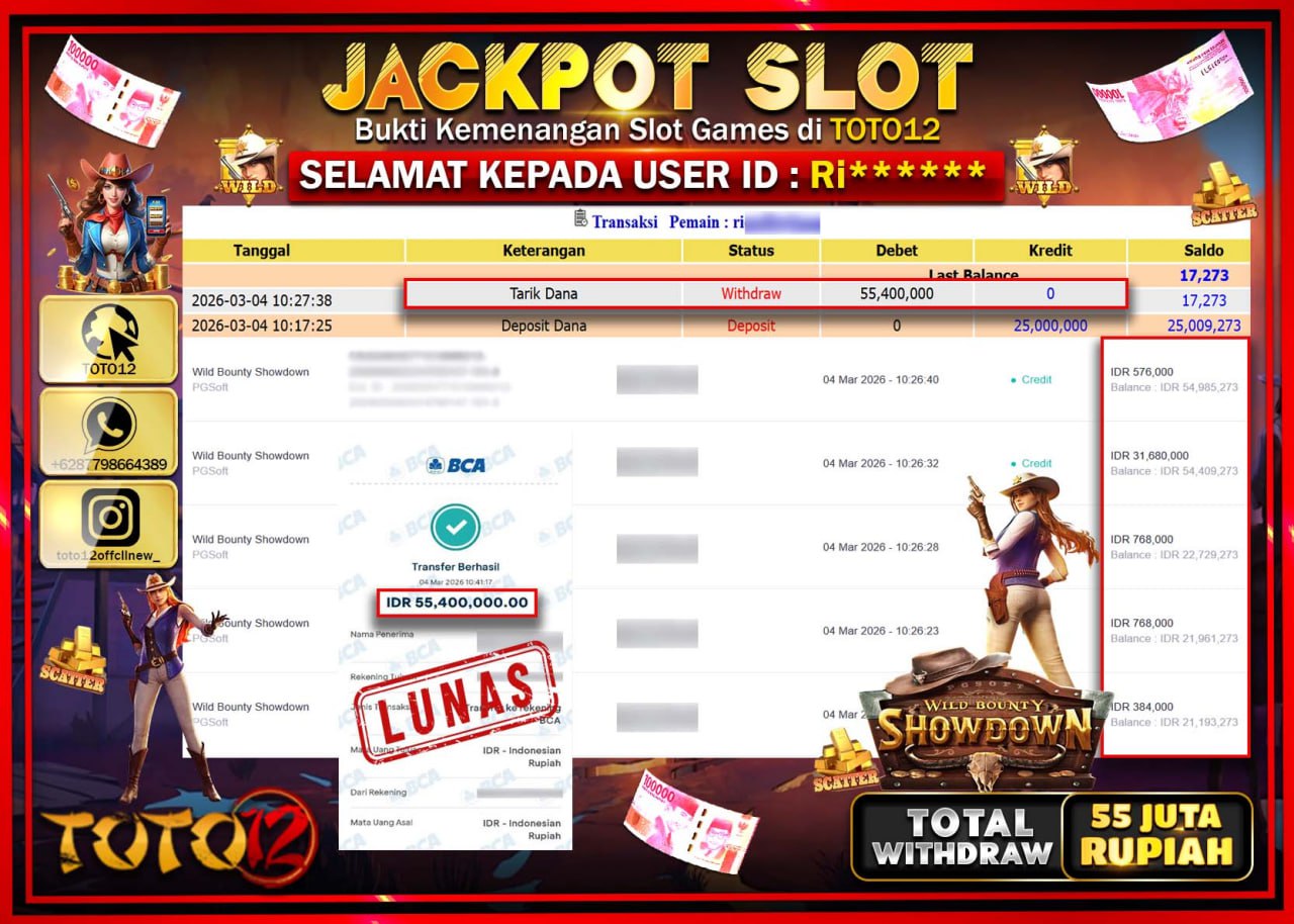 HANYA DI TOTO12 JP PASTI DI BAYAR LUNAS DAN CEPAT!!!!!! JACKPOT SLOT GAME (WILD BOUNTY SHOWDOWN) Rp.55.400.000!!!!