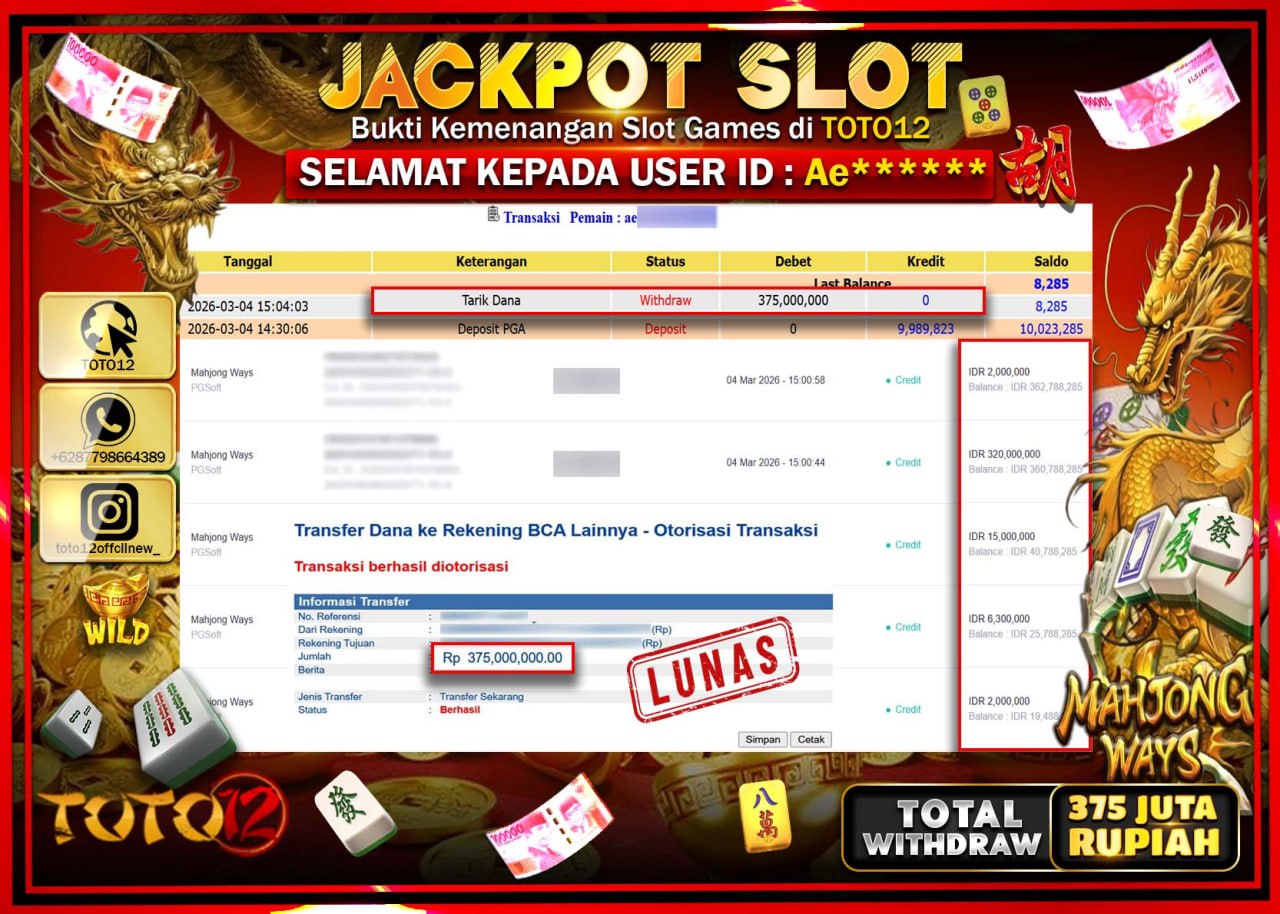 HANYA DI TOTO12 JP PASTI DI BAYAR LUNAS DAN CEPAT!!!!!! JACKPOT SLOT GAME (MAHJONG WAYS) Rp.375.000.000!!!!