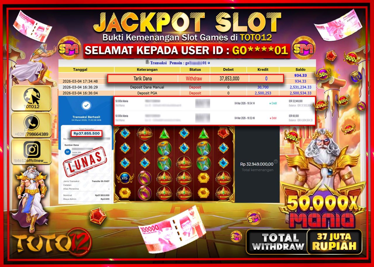 HANYA DI TOTO12 JP PASTI DI BAYAR LUNAS DAN CEPAT!!!!!! JACKPOT SLOT GAME (50.000X MANIA) Rp.37.853.000!!!!