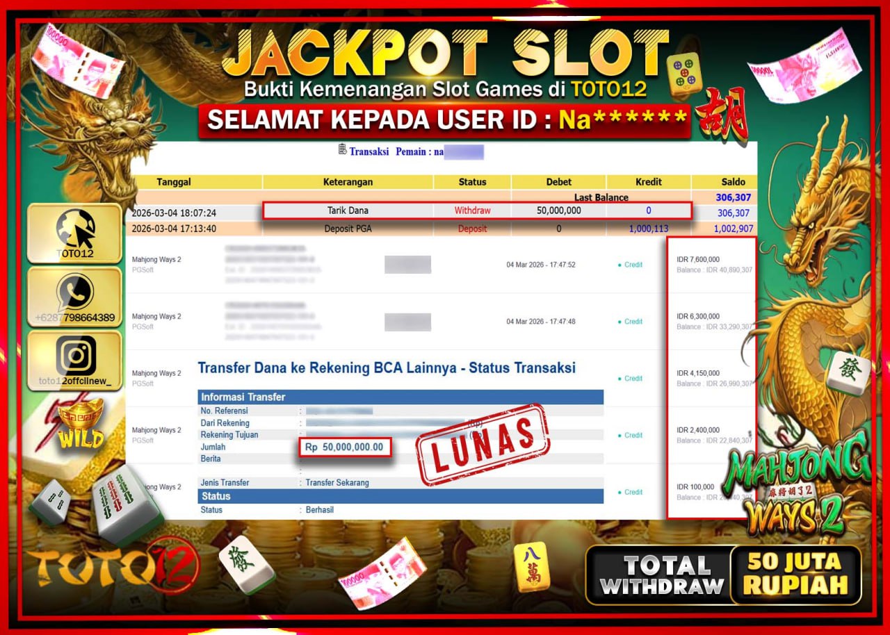 HANYA DI TOTO12 JP PASTI DI BAYAR LUNAS DAN CEPAT!!!!!! JACKPOT SLOT GAME (MAHJONG WAYS 2) Rp.50.000.000!!!!