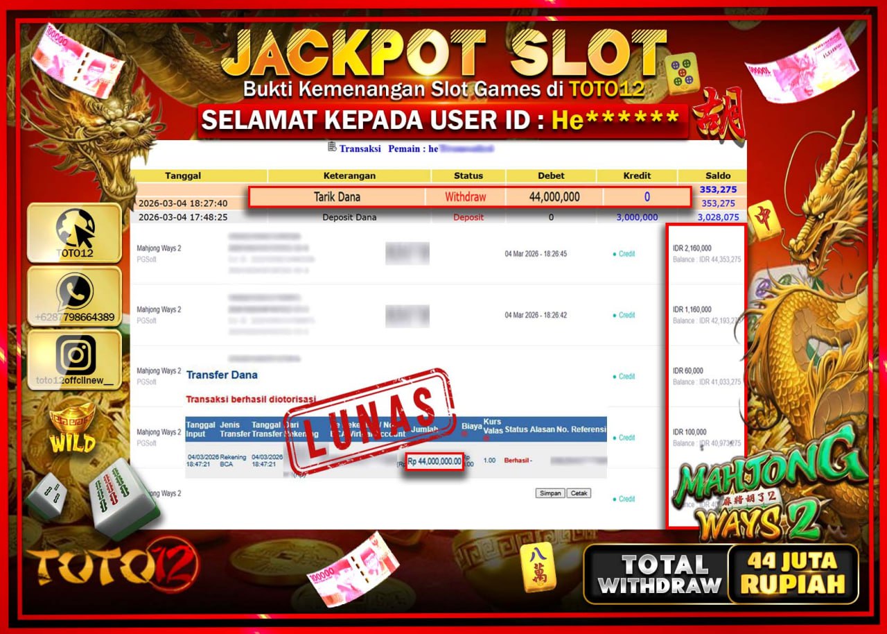 HANYA DI TOTO12 JP PASTI DI BAYAR LUNAS DAN CEPAT!!!!!! JACKPOT SLOT GAME (MAHJONG WAYS 2) Rp.44.000.000!!!!