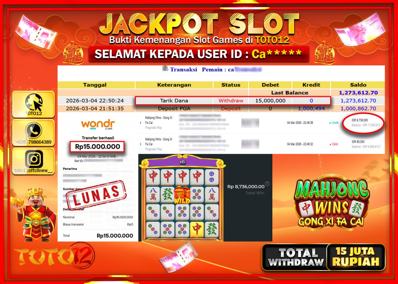 HANYA DI TOTO12 JP PASTI DI BAYAR LUNAS DAN CEPAT!!!!!! JACKPOT SLOT GAME (MAHJONG WINS GONG XI FA CAI) Rp.15.000.000!!!!