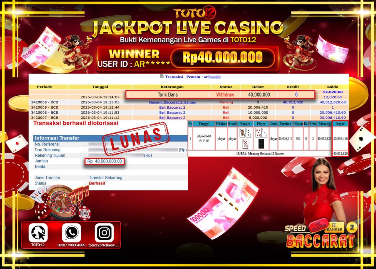 HANYA DI TOTO12 JP PASTI DI BAYAR LUNAS DAN CEPAT!!!!!! JACKPOT LIVE GAMES CASINO (BACCARAT 2) Rp.40.000.000!!!!